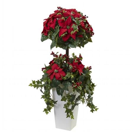 NEARLY NATURAL 4 ft. Poinsettia Berry Topiary With Decorative Planter 5941